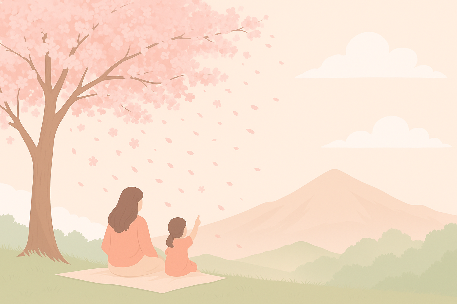 Illustration d’un cerisier en fleurs durant le Hanami, avec une mère et sa fille assises sur une couverture face aux pétales tombants et à une montagne – ambiance douce inspirant la collection Hanami de Sakura.