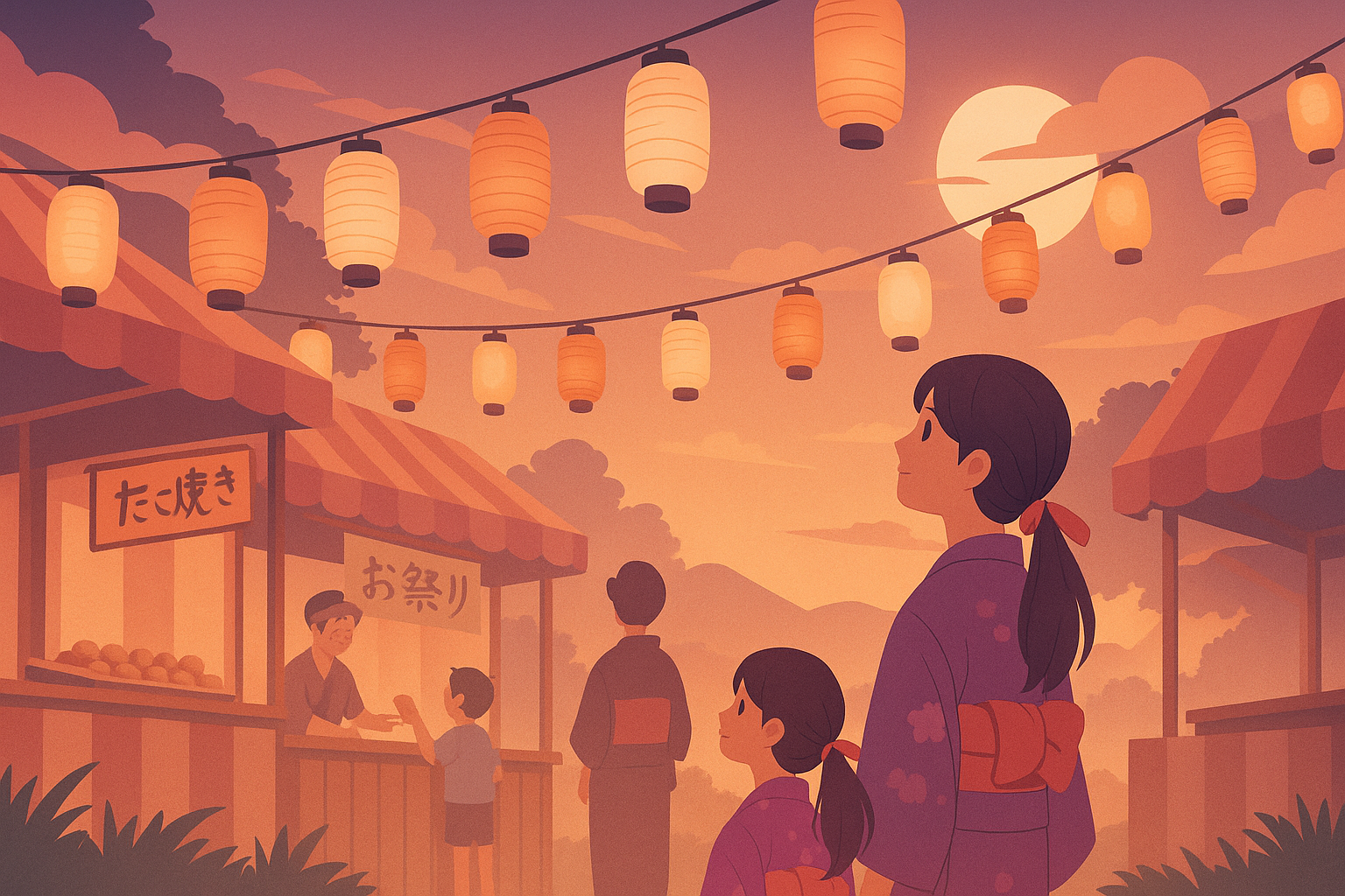 Illustration représentant une fête japonaise Matsuri au crépuscule, avec lanternes suspendues, stands traditionnels et personnages en yukata – ambiance poétique inspirant la collection Matsuri de Sakura.