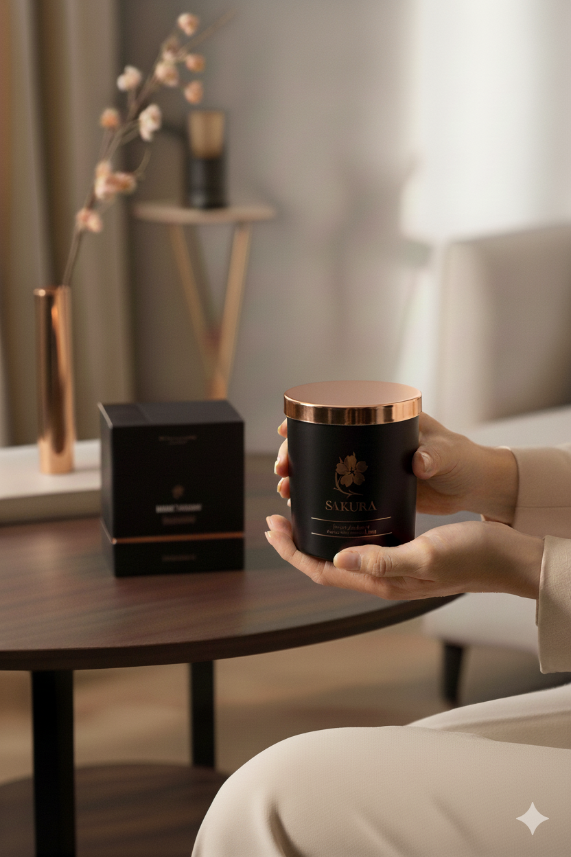 Femme tenant une bougie parfumée artisanale Sakura dans un intérieur élégant, avec la boîte posée sur une table en bois – fabrication suisse.