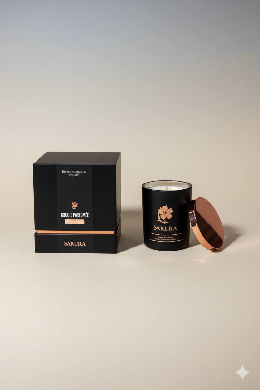 Bougie parfumée artisanale suisse Sakura en pot noir avec couvercle rosé, présentée avec son emballage luxueux – fabrication artisanale en Suisse.