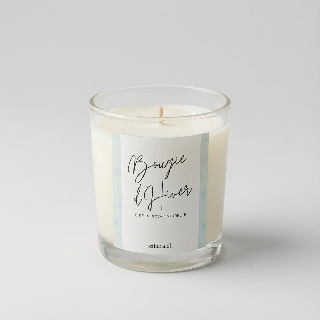 Bougie parfumée artisanale suisse Sakura – Édition spéciale Hanami Bougie d’Hiver, en verre transparent avec cire blanche et étiquette hivernale aux tons clairs - Fabrication artisanale en Suisse.