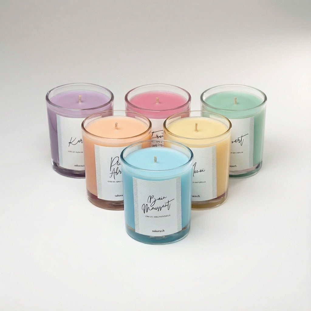 ollection Hanami de bougies parfumées artisanales Sakura en verre transparent, déclinées dans des teintes pastel douces – fabrication artisanale en Suisse.