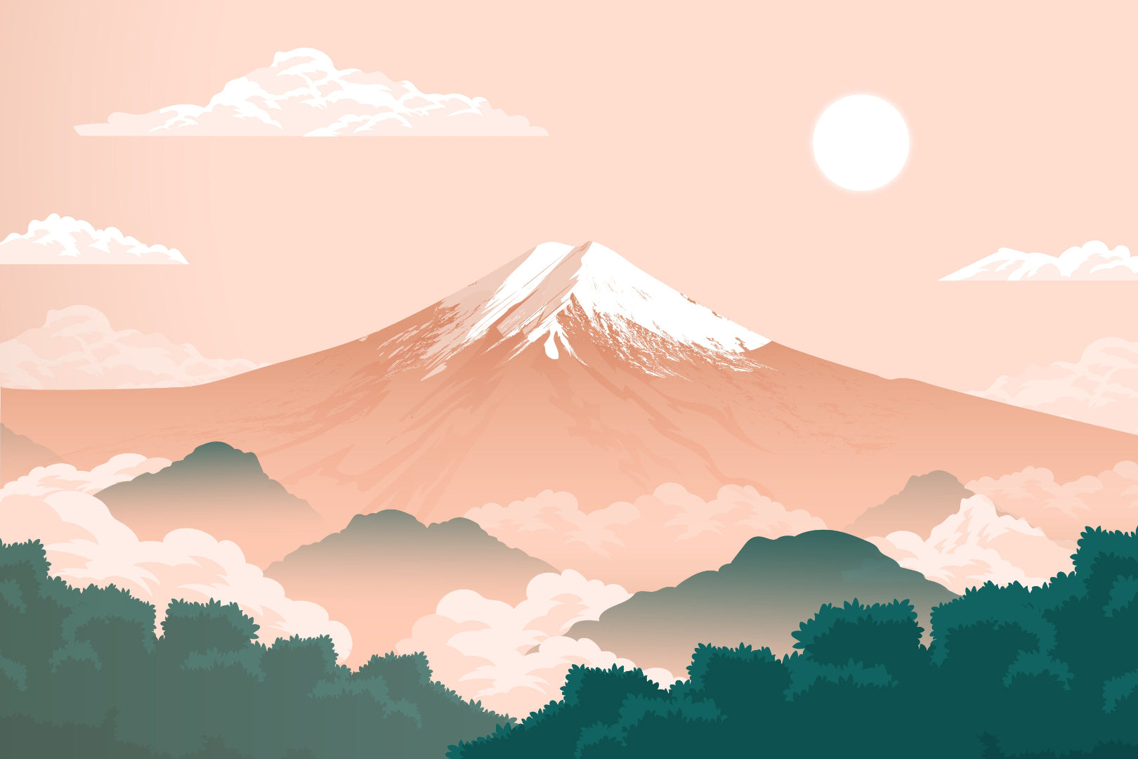 Illustration du Mont Fuji au lever du soleil, entouré de nuages et de forêts, évoquant la sérénité et la philosophie Ikigai – univers visuel de la collection Sakura.